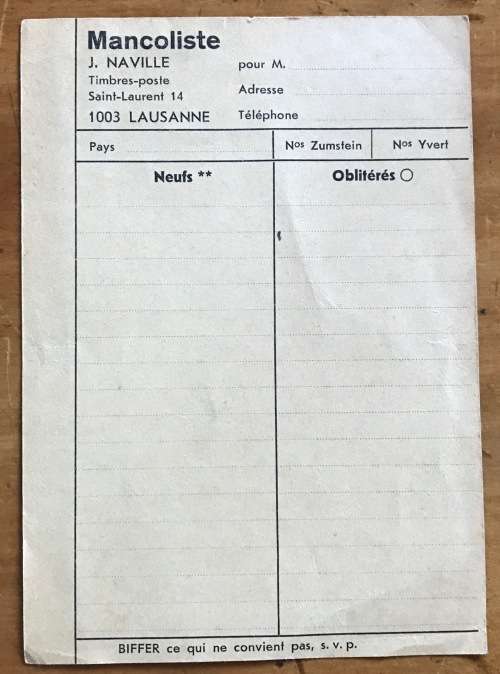 Switzerland J. Naville `Timbes-poste` Stamp Dealer Lausanne `Mancoliste` Wants list Postcard UNUSED.