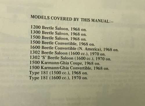 VW BEETLE WORKSHOP MANUAL 157 from 1968 INTEREUROPE 1200,1300,1500,1302,1600US Special,Karmann-Ghia