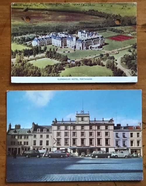 POST CARDS x 2 POSTCARDS GLENEAGLES and CROSS KEYS HOTELS ENGLAND PERTHSHIRE VINTAGE CARS