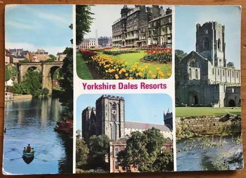 POST CARD x 1 POSTCARD ENGLAND YORKSHIRE DALES RESORTS CATHEDRAL FOUNTAINS ABBEY HARROGATE RIVER