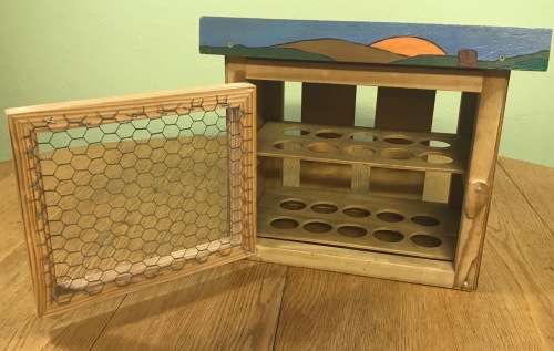 FARMYARD EGG HOUSE / HOLDER for 20 EGGS HAND PAINTED CHICKENS ON EACH SIDE and SUNRISE FRONT PANEL