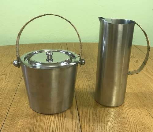 STAINLESS STEEL WATER JUG and ICE BUCKET WITH LID  CANE WRAPPED HANDLES - Bar Accessories!