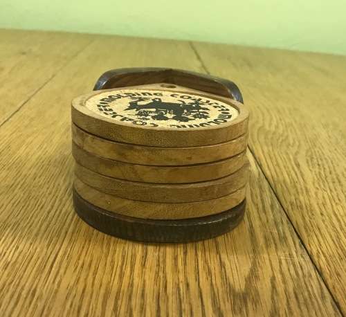 5 COASTERS in a HOLDER - CORK and WOOD - COASTER MOULDING -BAR ACCESSORIES!!!