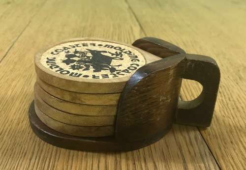 5 COASTERS in a HOLDER - CORK and WOOD - COASTER MOULDING -BAR ACCESSORIES!!!