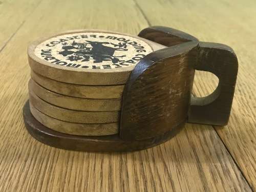 5 COASTERS in a HOLDER - CORK and WOOD - COASTER MOULDING -BAR ACCESSORIES!!!