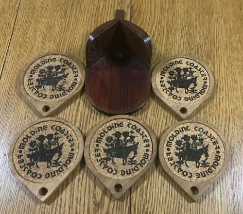 5 COASTERS in a HOLDER - CORK and WOOD - COASTER MOULDING -BAR ACCESSORIES!!!