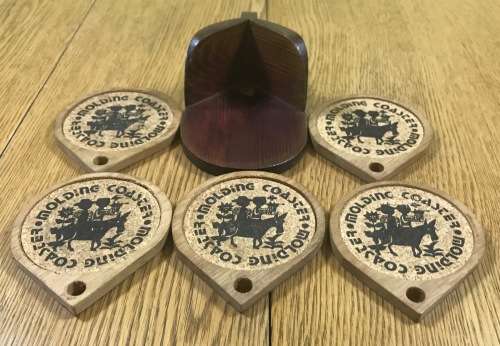 5 COASTERS in a HOLDER - CORK and WOOD - COASTER MOULDING -BAR ACCESSORIES!!!