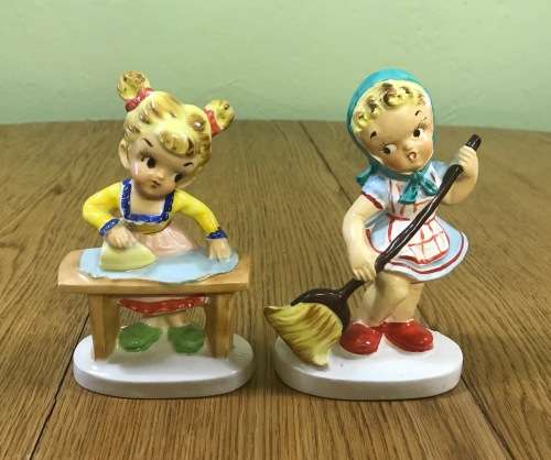 FIGURINES YOUNG GIRLS SWEEPING and IRONING - ORNAMENTS - CERAMIC - REALLY CUTE AND PRETTY!!!!!