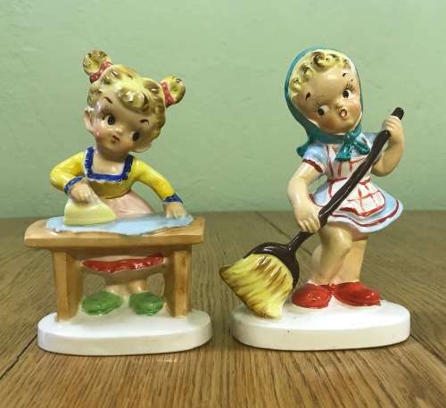 FIGURINES YOUNG GIRLS SWEEPING and IRONING - ORNAMENTS - CERAMIC - REALLY CUTE AND PRETTY!!!!!