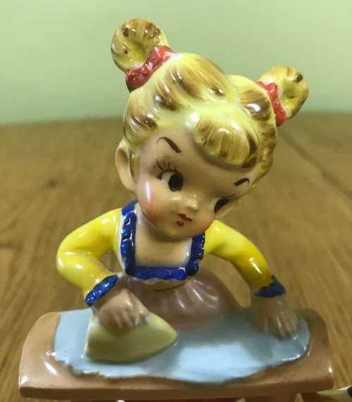 FIGURINES YOUNG GIRLS SWEEPING and IRONING - ORNAMENTS - CERAMIC - REALLY CUTE AND PRETTY!!!!!
