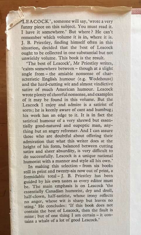 THE BODLEY HEAD LEACOCK STEPHEN LEACOCK J.B. PRIESTLEY (Editor) 1st Edition 1957 CANADIAN HUMOUR