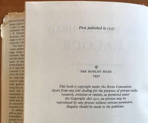 THE BODLEY HEAD LEACOCK STEPHEN LEACOCK J.B. PRIESTLEY (Editor) 1st Edition 1957 CANADIAN HUMOUR