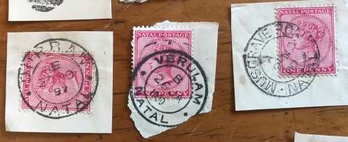 NATAL POSTMARKS x 12 1897 - 1910 DURBAN MUSGRAVE ROAD G.P.O. VERULAM PMB PINETOWN POA 73?