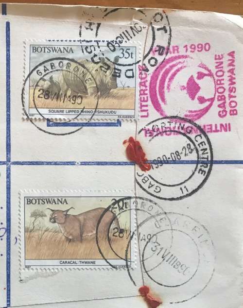 BOTSWANA GABERONE 1990 and FRANCISTOWN 1992 REGISTERED MAIL LETTERS x 2 Rhino Caracal Gemsbok