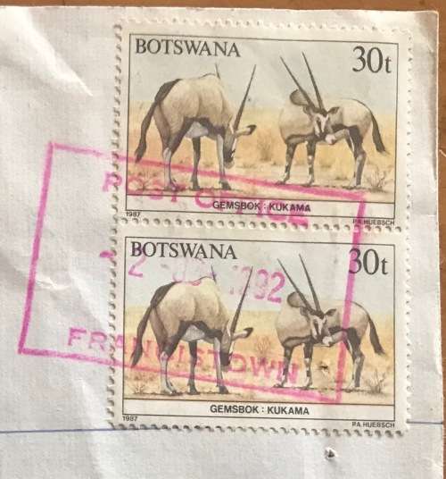 BOTSWANA GABERONE 1990 and FRANCISTOWN 1992 REGISTERED MAIL LETTERS x 2 Rhino Caracal Gemsbok