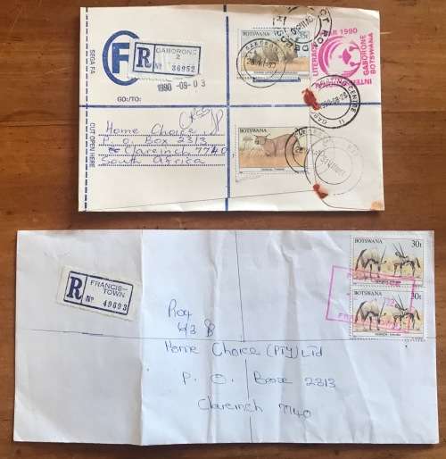 BOTSWANA GABERONE 1990 and FRANCISTOWN 1992 REGISTERED MAIL LETTERS x 2 Rhino Caracal Gemsbok