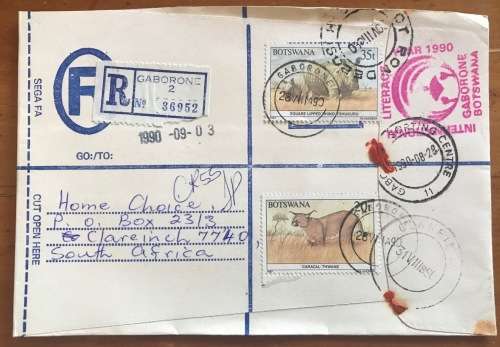 BOTSWANA GABERONE 1990 and FRANCISTOWN 1992 REGISTERED MAIL LETTERS x 2 Rhino Caracal Gemsbok