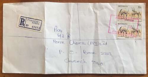 BOTSWANA GABERONE 1990 and FRANCISTOWN 1992 REGISTERED MAIL LETTERS x 2 Rhino Caracal Gemsbok
