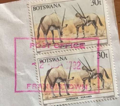 BOTSWANA GABERONE 1990 and FRANCISTOWN 1992 REGISTERED MAIL LETTERS x 2 Rhino Caracal Gemsbok