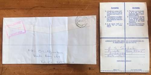 BOTSWANA GABERONE 1990 and FRANCISTOWN 1992 REGISTERED MAIL LETTERS x 2 Rhino Caracal Gemsbok