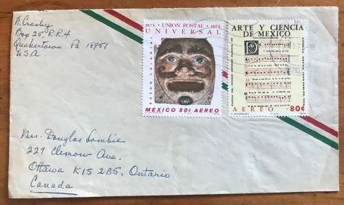 MEXICO to CANADA AIRMAIL LETTER 1975 MUSIC BUZON COLONIAL JUAN PABLOS