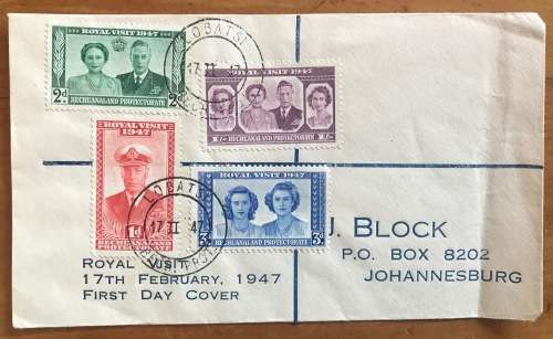BECHUANALAND PROTECTORATE ROYAL VISIT FDC 1947 LOBATSI CDS REGISTERED MAIL from JHB, TRANSVAAL