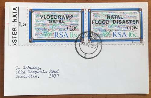 NATAL FLOOD DISASTER 1987 VLOEDRAMP CARD Westville Durban CDS 30.11.87 (Correct date 1.12.87)!!
