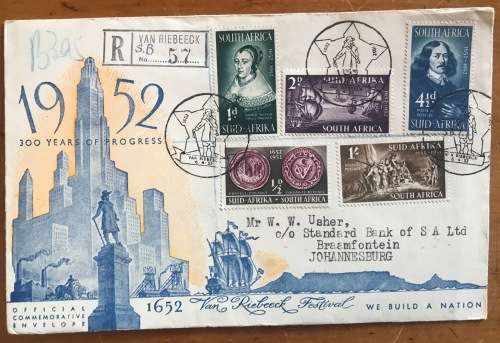 SOUTH AFRICA JAN VAN RIEBEECK FESTIVAL OFFICIAL FDC 1952 REGISTERED MAIL Posted from Van Riebeeck 57