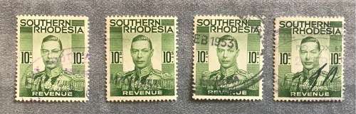 SOUTHERN RHODESIA REVENUE STAMPS 10 Shilling KGVI x 4 items