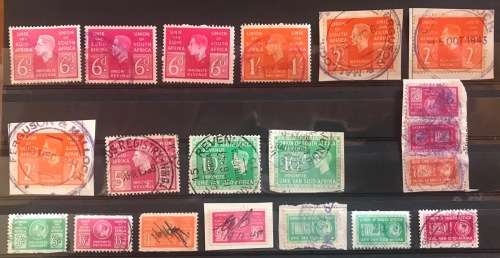 REVENUE STAMPS selection of 18 pcs KING GEORGE VI UNION of SOUTH AFRICA 1943 5/- English left.