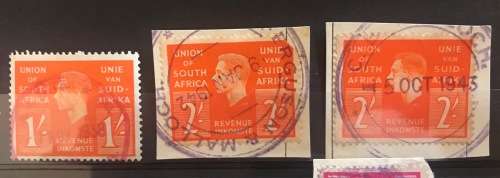 REVENUE STAMPS selection of 18 pcs KING GEORGE VI UNION of SOUTH AFRICA 1943 5/- English left.