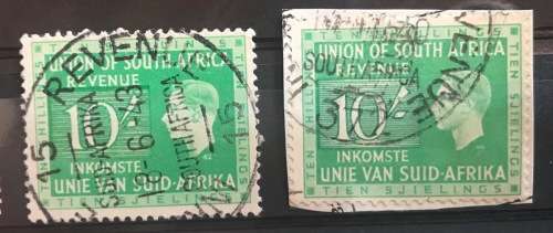 REVENUE STAMPS selection of 18 pcs KING GEORGE VI UNION of SOUTH AFRICA 1943 5/- English left.