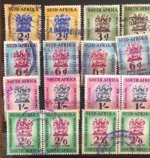 REVENUE STAMPS selection of 32 pcs SOUTH AFRICA COAT of ARMS 1955 - 60 HERALDIC ANIMALS
