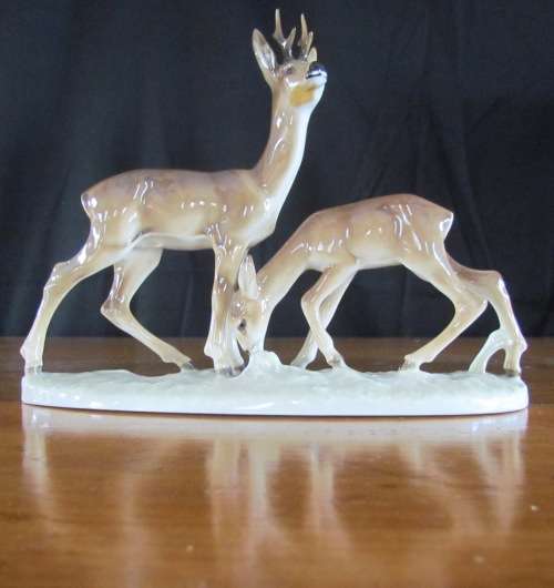 HUTSCHENREUTHER ELK DEER & FAWN KARL TUTTER GERMANY HAND-GLAZED c1930 PORCELAIN FIGURINE STUNNING!