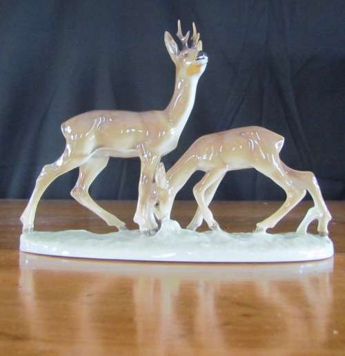HUTSCHENREUTHER ELK DEER & FAWN KARL TUTTER GERMANY HAND-GLAZED c1930 PORCELAIN FIGURINE STUNNING!
