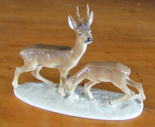 HUTSCHENREUTHER ELK DEER & FAWN KARL TUTTER GERMANY HAND-GLAZED c1930 PORCELAIN FIGURINE STUNNING!