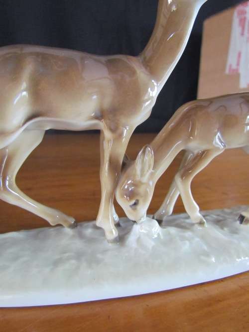 HUTSCHENREUTHER ELK DEER & FAWN KARL TUTTER GERMANY HAND-GLAZED c1930 PORCELAIN FIGURINE STUNNING!