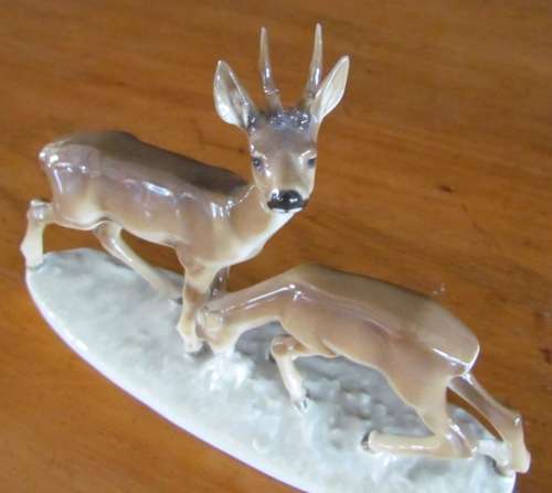 HUTSCHENREUTHER ELK DEER & FAWN KARL TUTTER GERMANY HAND-GLAZED c1930 PORCELAIN FIGURINE STUNNING!