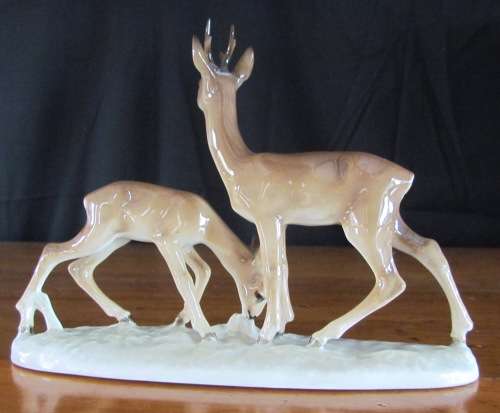 HUTSCHENREUTHER ELK DEER & FAWN KARL TUTTER GERMANY HAND-GLAZED c1930 PORCELAIN FIGURINE STUNNING!