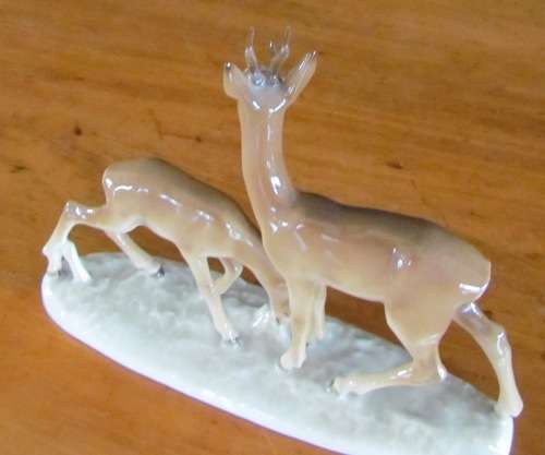 HUTSCHENREUTHER ELK DEER & FAWN KARL TUTTER GERMANY HAND-GLAZED c1930 PORCELAIN FIGURINE STUNNING!