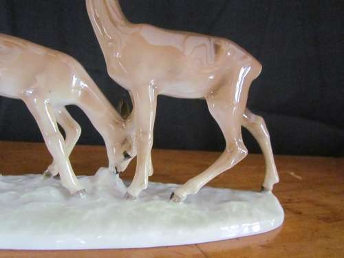 HUTSCHENREUTHER ELK DEER & FAWN KARL TUTTER GERMANY HAND-GLAZED c1930 PORCELAIN FIGURINE STUNNING!