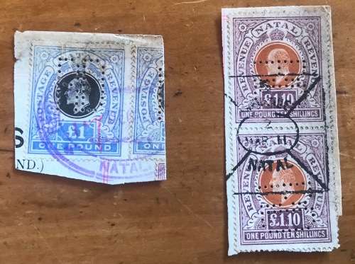NATAL POSTAGE & REVENUE STAMPS x 2 on piece £1 single & £1.10 pr SG162/SACC138 Perfin RD 1908 fiscal