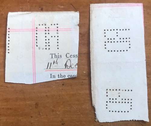 NATAL POSTAGE & REVENUE STAMPS x 2 on piece £1 single & £1.10 pr SG162/SACC138 Perfin RD 1908 fiscal