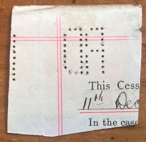 NATAL POSTAGE & REVENUE STAMPS x 2 on piece £1 single & £1.10 pr SG162/SACC138 Perfin RD 1908 fiscal