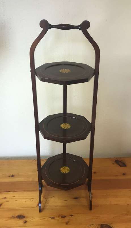 EDWARDIAN 3-TIER MAHOGANY INLAID FOLDING CAKE STAND ANTIQUE TEA c1910 ELEGANT!!!