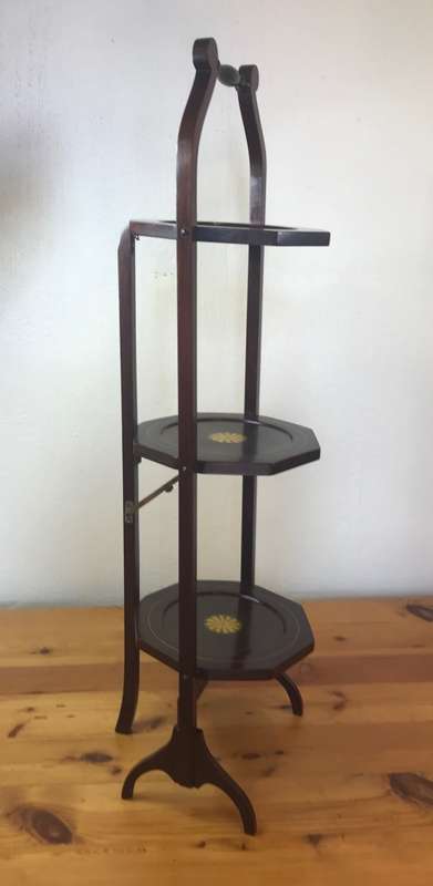 EDWARDIAN 3-TIER MAHOGANY INLAID FOLDING CAKE STAND ANTIQUE TEA c1910 ELEGANT!!!