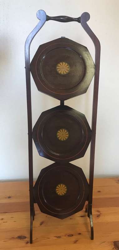 EDWARDIAN 3-TIER MAHOGANY INLAID FOLDING CAKE STAND ANTIQUE TEA c1910 ELEGANT!!!