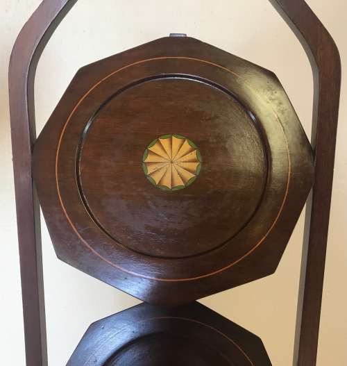 EDWARDIAN 3-TIER MAHOGANY INLAID FOLDING CAKE STAND ANTIQUE TEA c1910 ELEGANT!!!