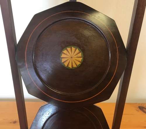 EDWARDIAN 3-TIER MAHOGANY INLAID FOLDING CAKE STAND ANTIQUE TEA c1910 ELEGANT!!!