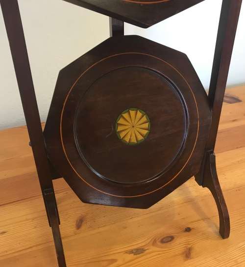 EDWARDIAN 3-TIER MAHOGANY INLAID FOLDING CAKE STAND ANTIQUE TEA c1910 ELEGANT!!!